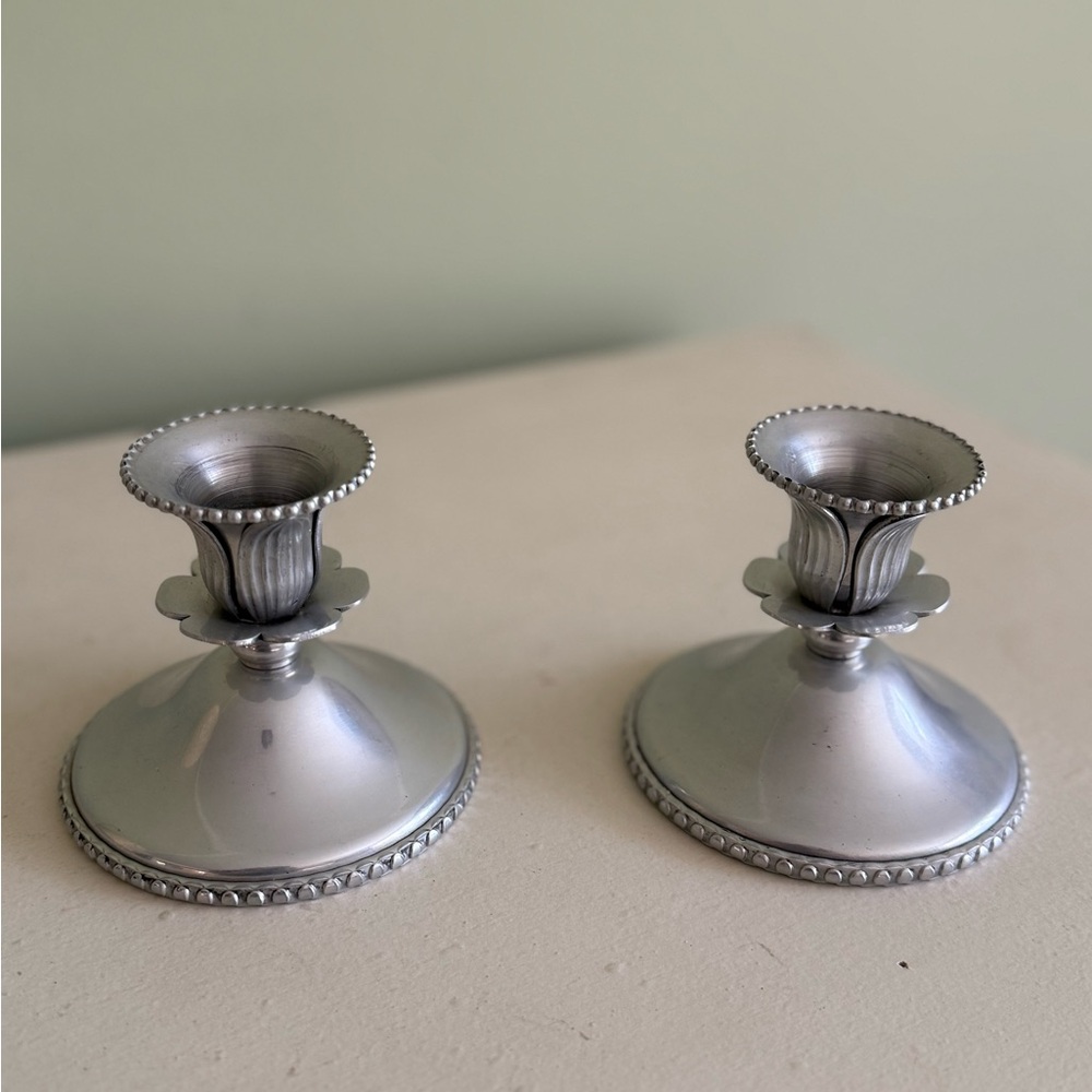Vintage Aluminum Candlesticks/Farber Ware: Hammered Flower Design, Set of 2